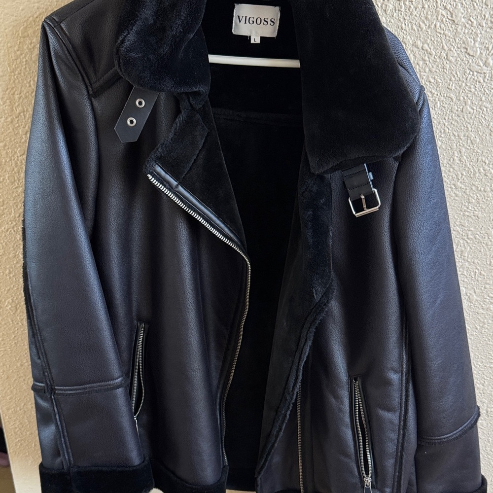 Vigoss Black Faux Leather Shearling Moto Jacket